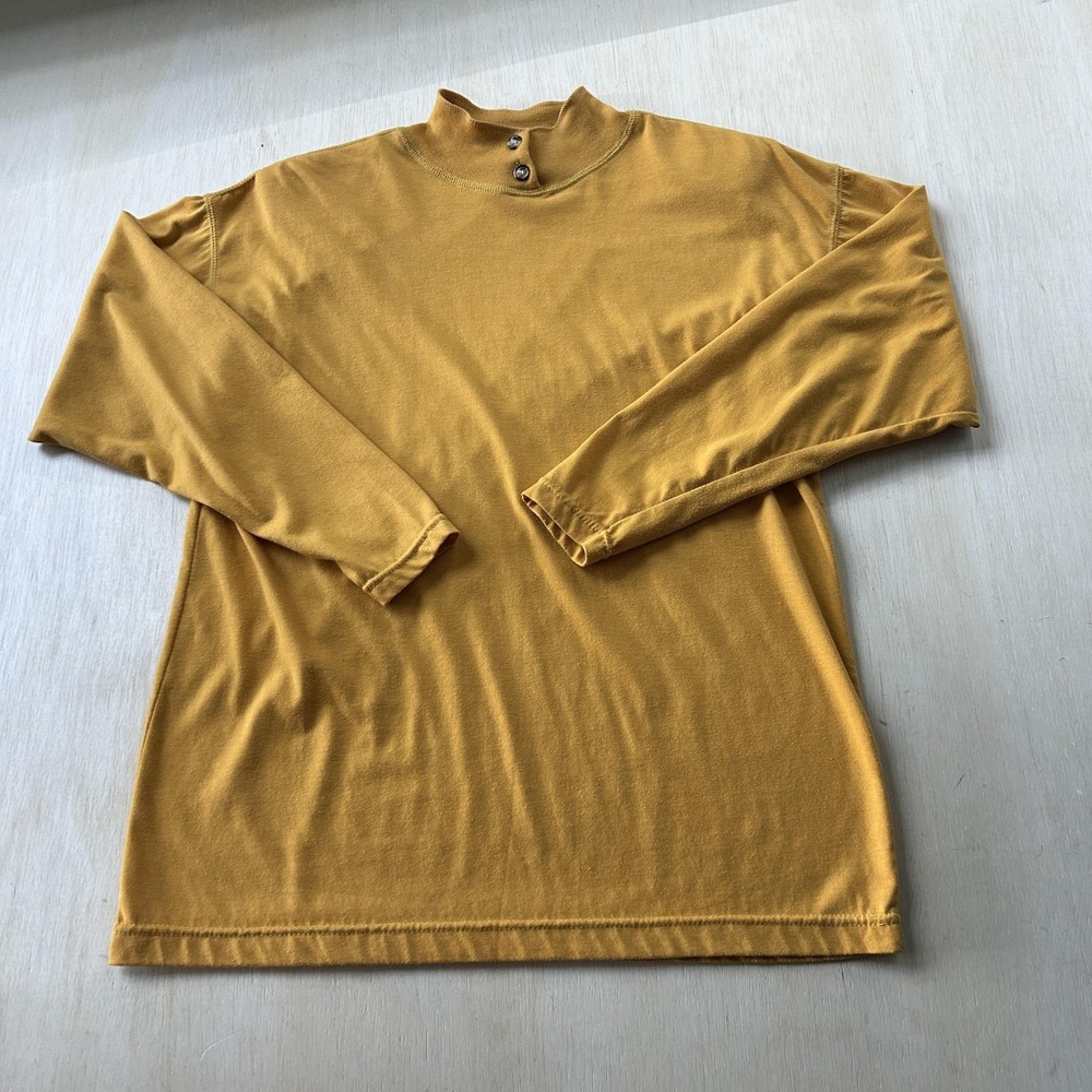 Vintage Sport Shirt Womens Medium Yellow Mock Neck Button Long Sleeve Tee Top